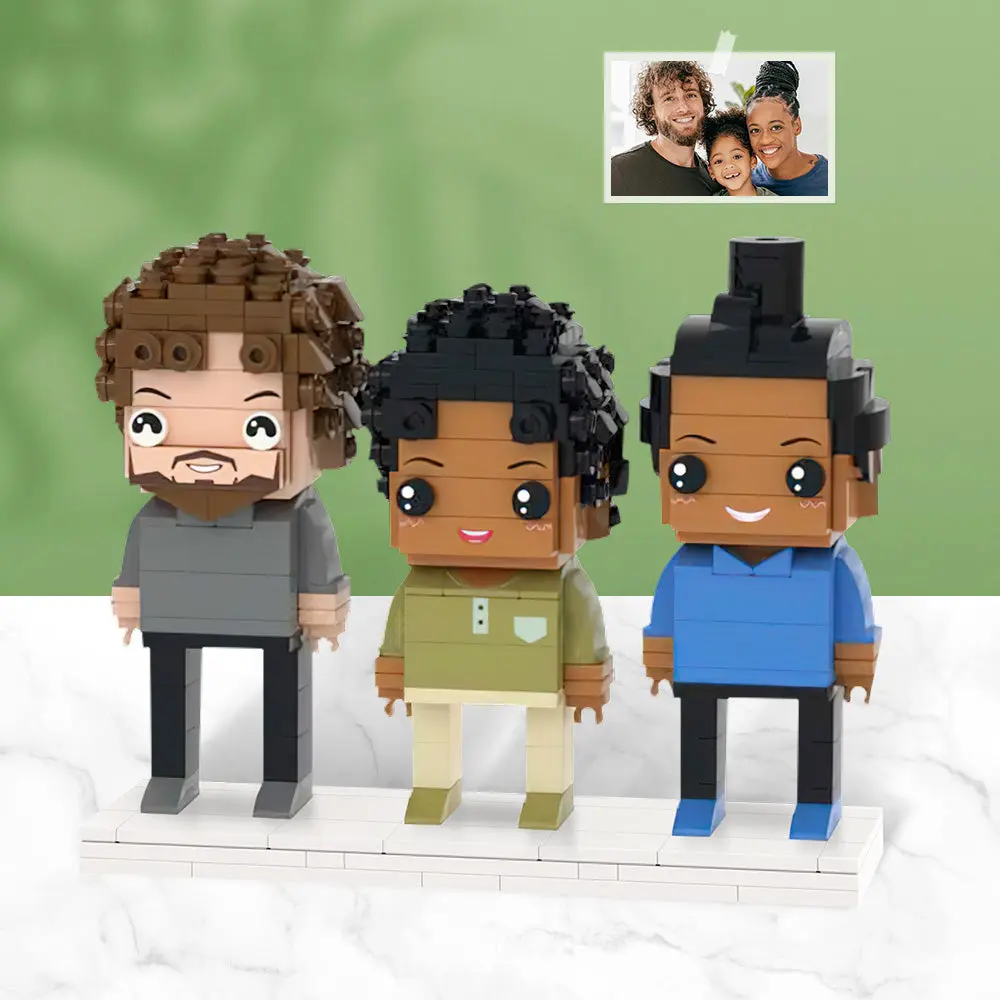 Full-body customisable 3-person brick figures on assembled display — personalised small particle block keepsake