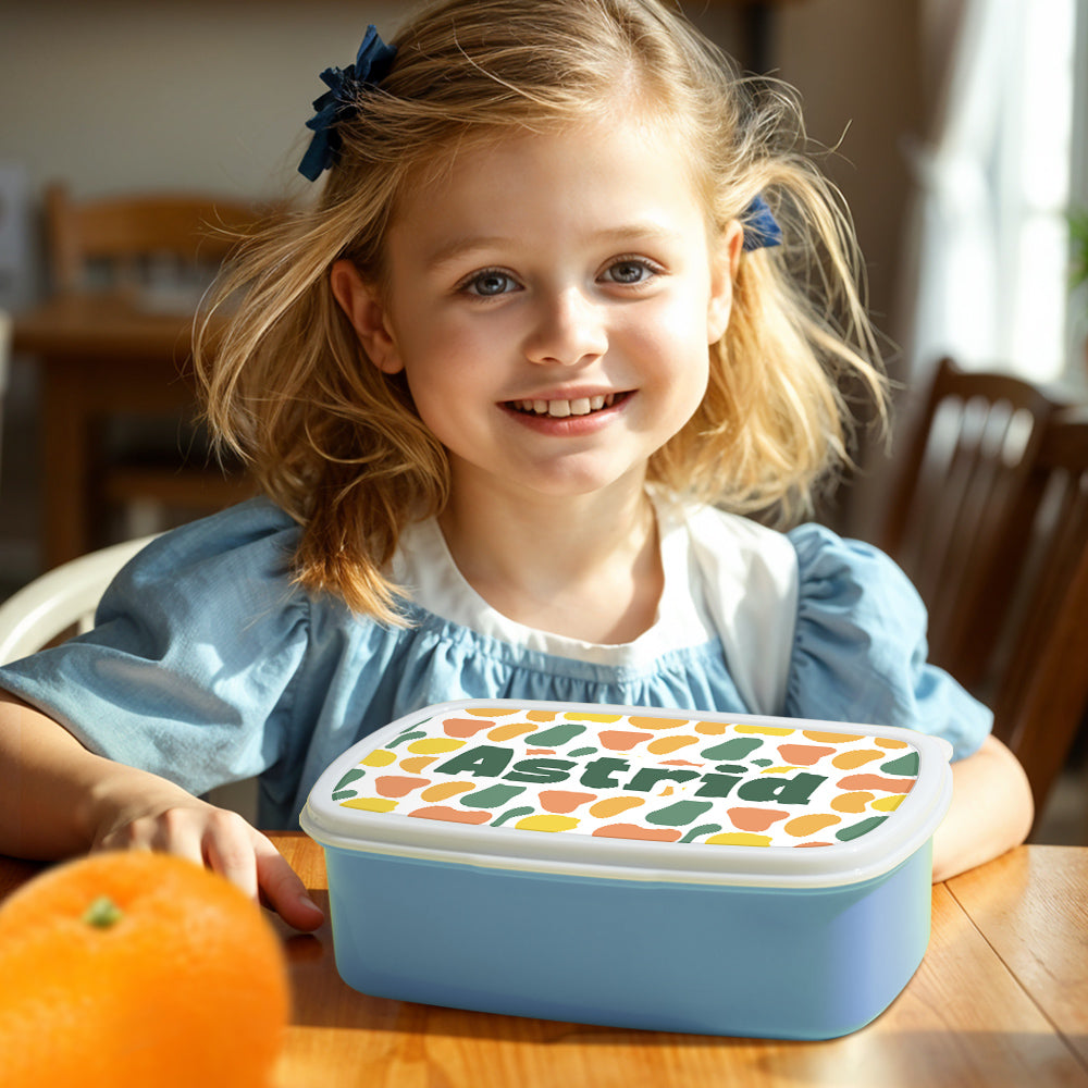 Personalised colourful lunch box presented as a birthday gift — named keepsake for sons, daughters and classmates