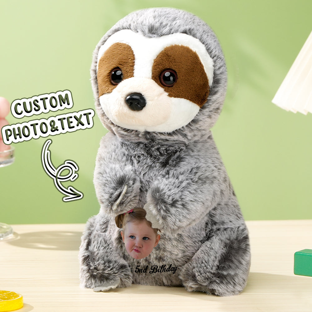 Close-up of personalised sloth plush face printed from uploaded photo showing high-detail custom face for a unique keepsake