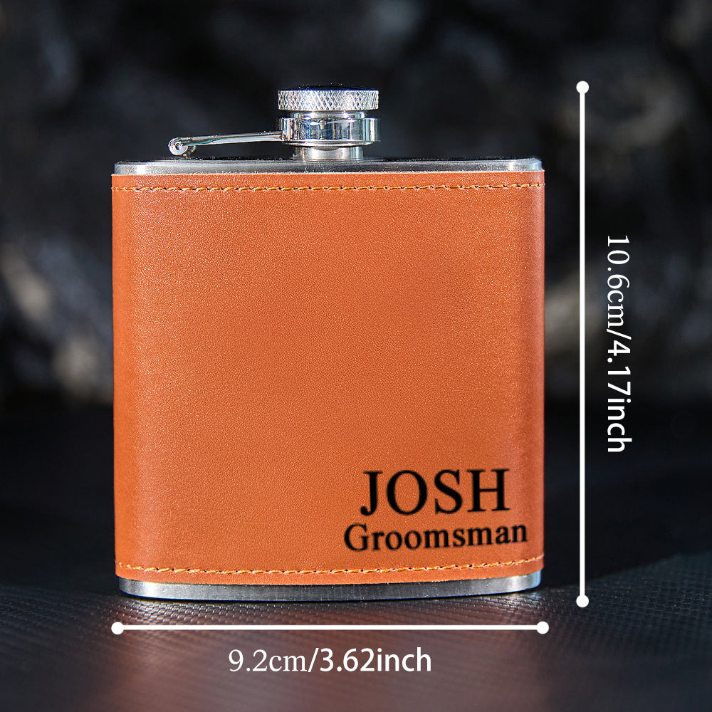 Engraved leather whiskey flask presented in a gift box — ideal personalised wedding, groomsmen or Father’s Day gift