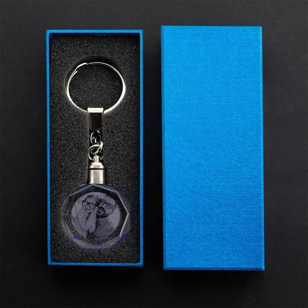 Two-sided laser engraving inside octagon crystal keyring showing high-resolution photo — timeless personalised couples keepsake