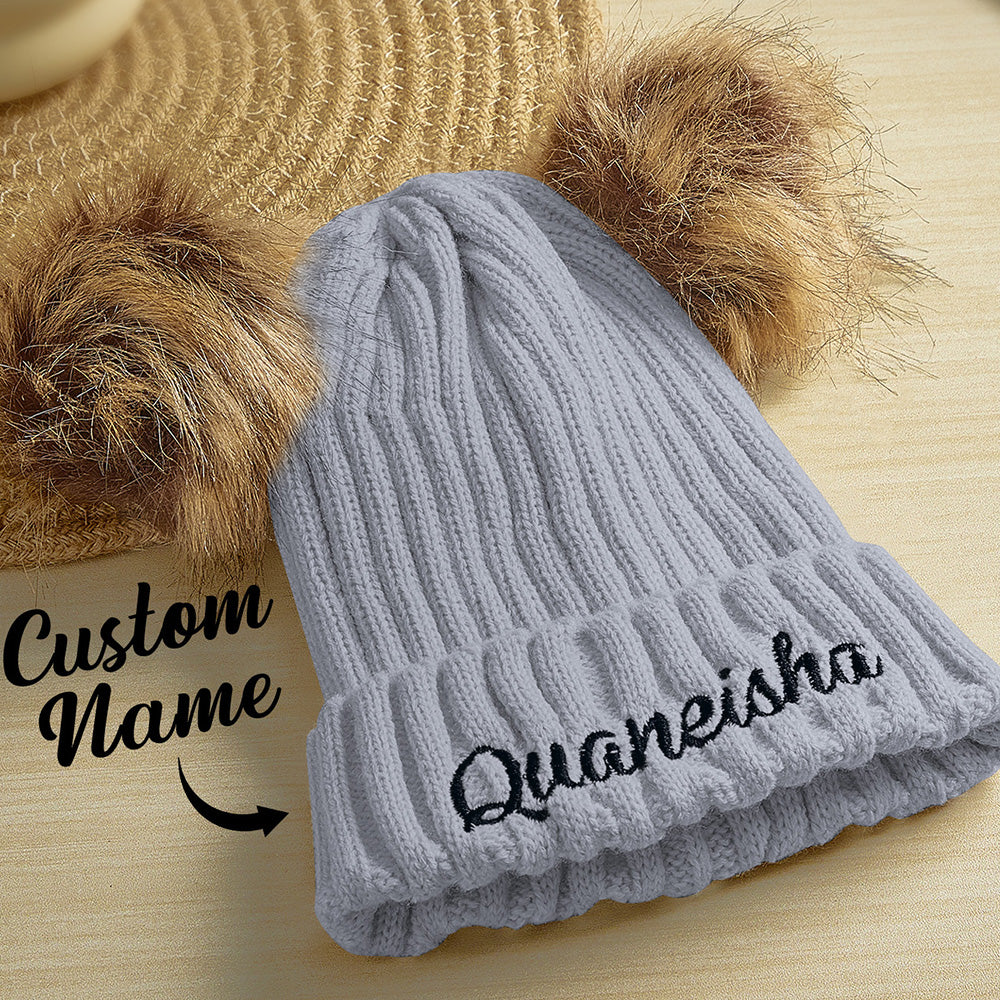 Range of personalised mum and baby beanie hats showing colour options and embroidered name customisation — perfect gifts for her and baby