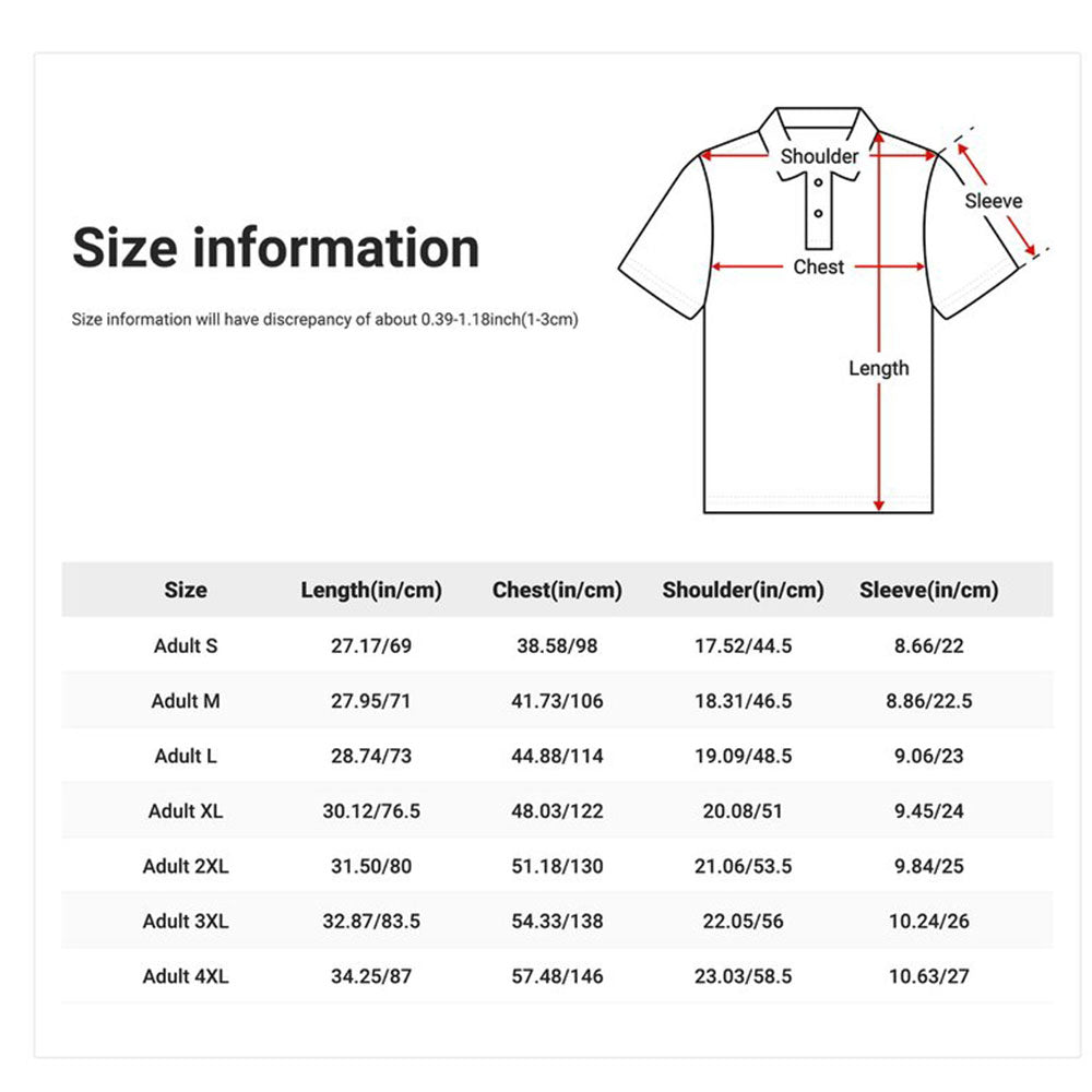 Fabric texture and sizing information for personalised polo – breathable, quick‑dry polyester with size guide S–4XL and care instructions to preserve embroidery