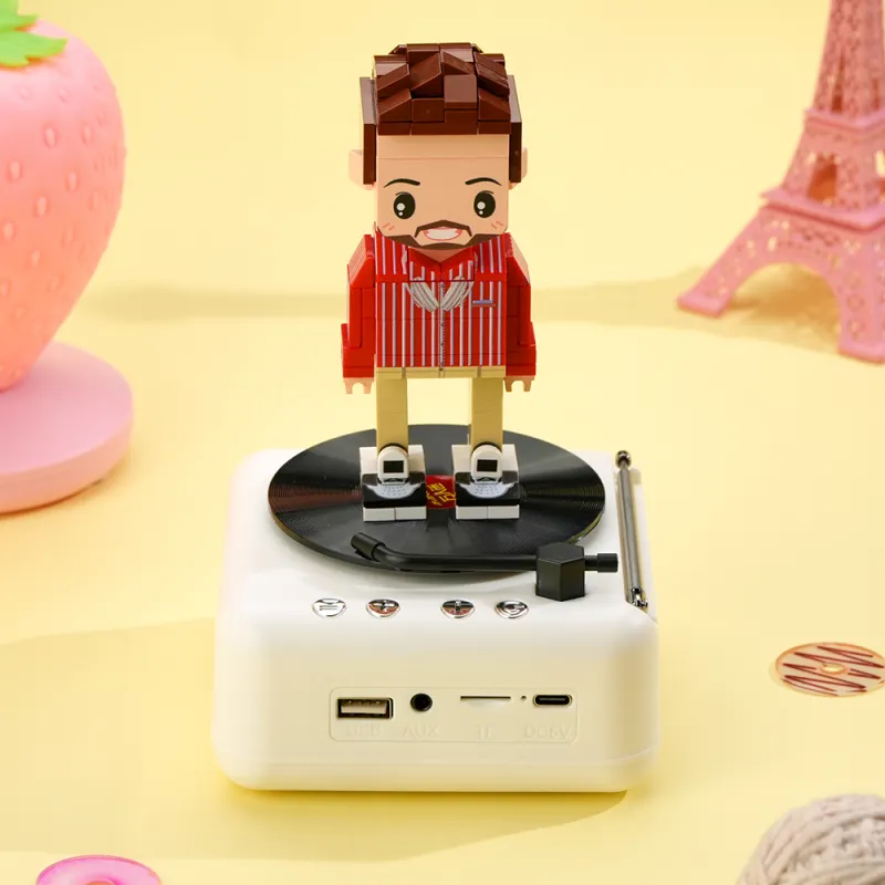 Close-up of personalised brick figure showing hairstyle and facial expression on eco-friendly ABS bricks, perfect as a personalised brick figure anniversary gift