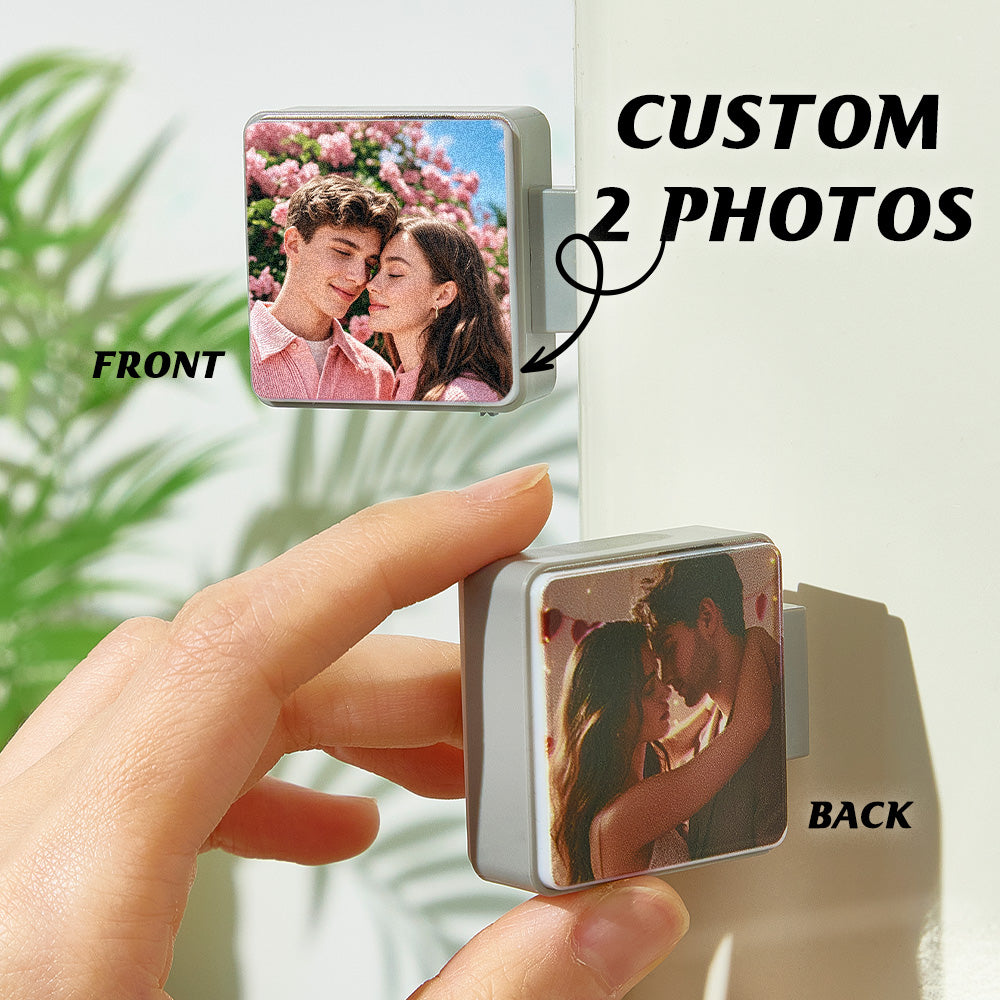 Collection of personalised photo fridge magnets on a kitchen door creating a memory gallery — custom family and friends present with light