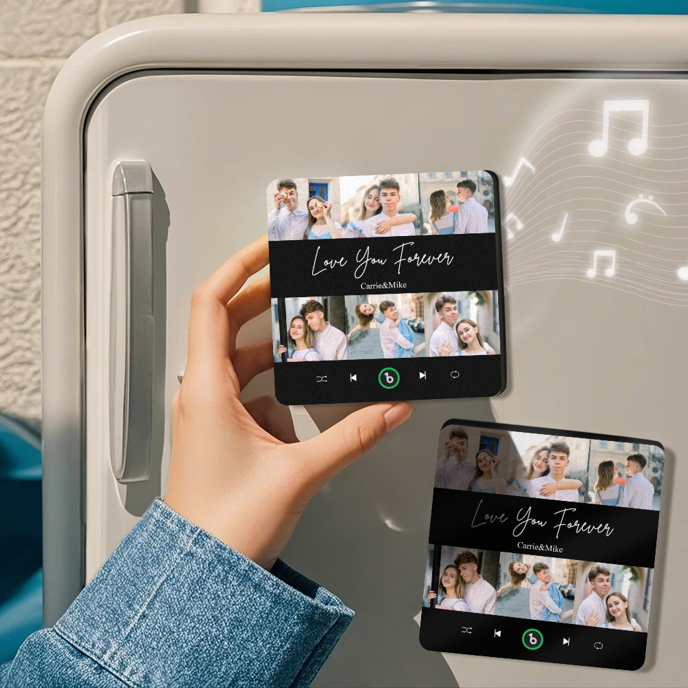 FridgeBeats magnet showing charging port and cable for fast 30‑minute charge and 4–6 hour battery life — personalised music fridge magnet