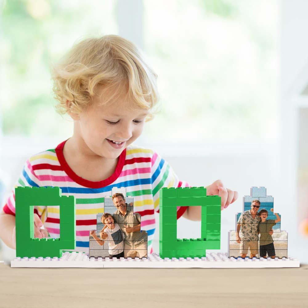 Assembled personalised DADA building brick photo block on display — personalised photo brick puzzle and Father's Day gift