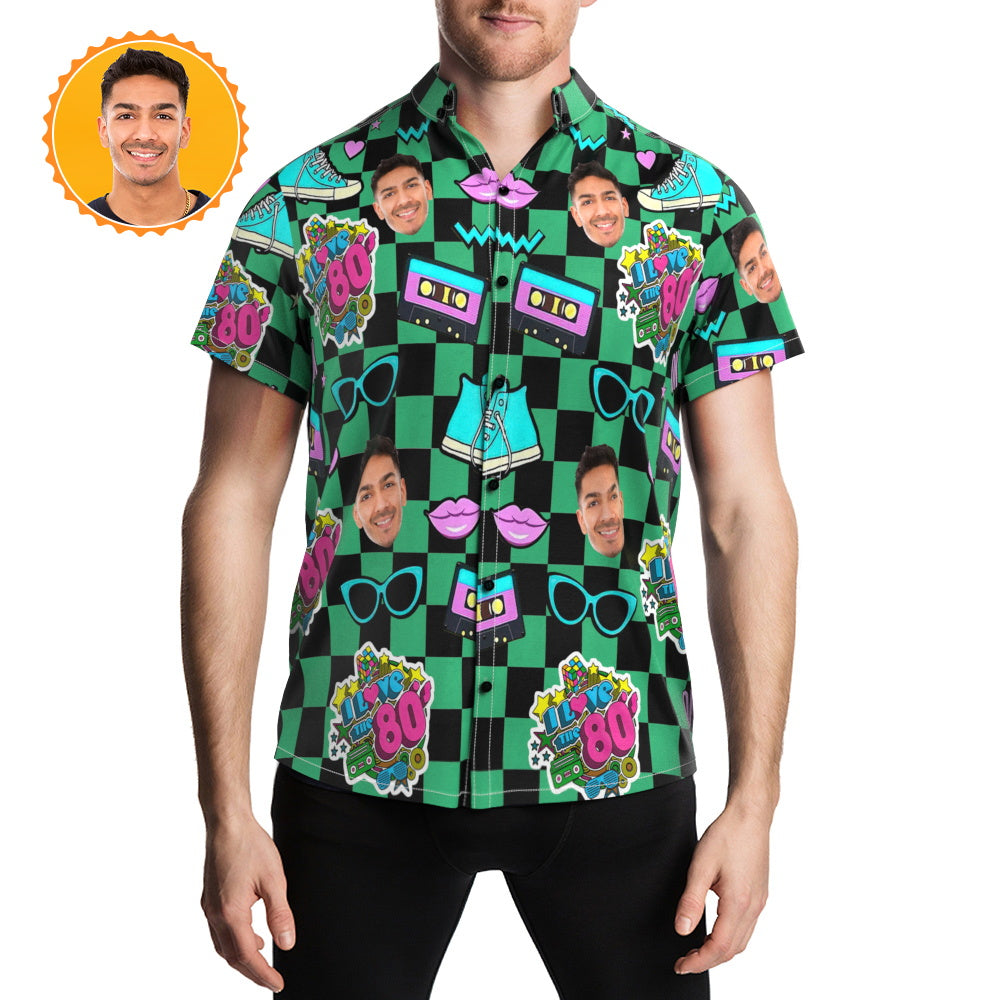Custom Face Retro Hawaiian Shirt front view — personalised 80s music Aloha shirt with bold face print, lapel collar and vivid heat-transfer colours