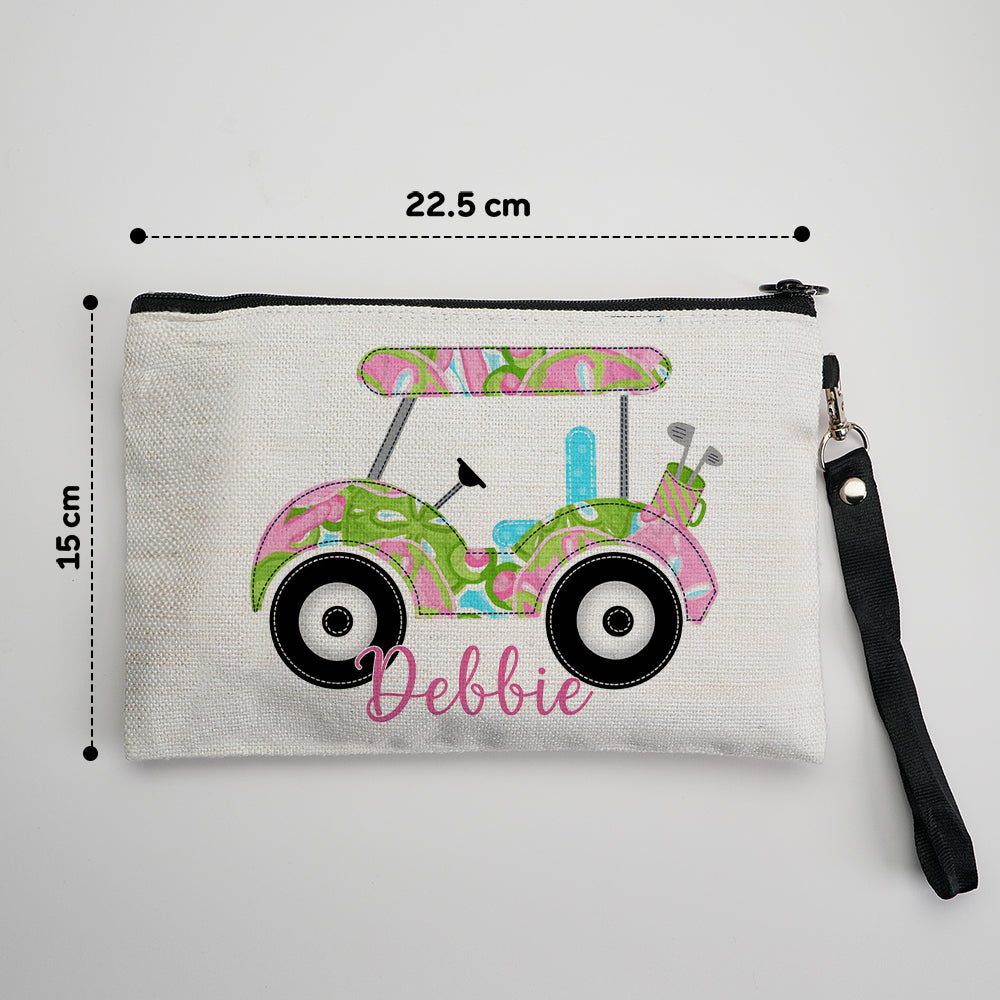 Custom name personalisation detail on golf cart makeup bag showing example names and initials — ideal personalised gift for golfers