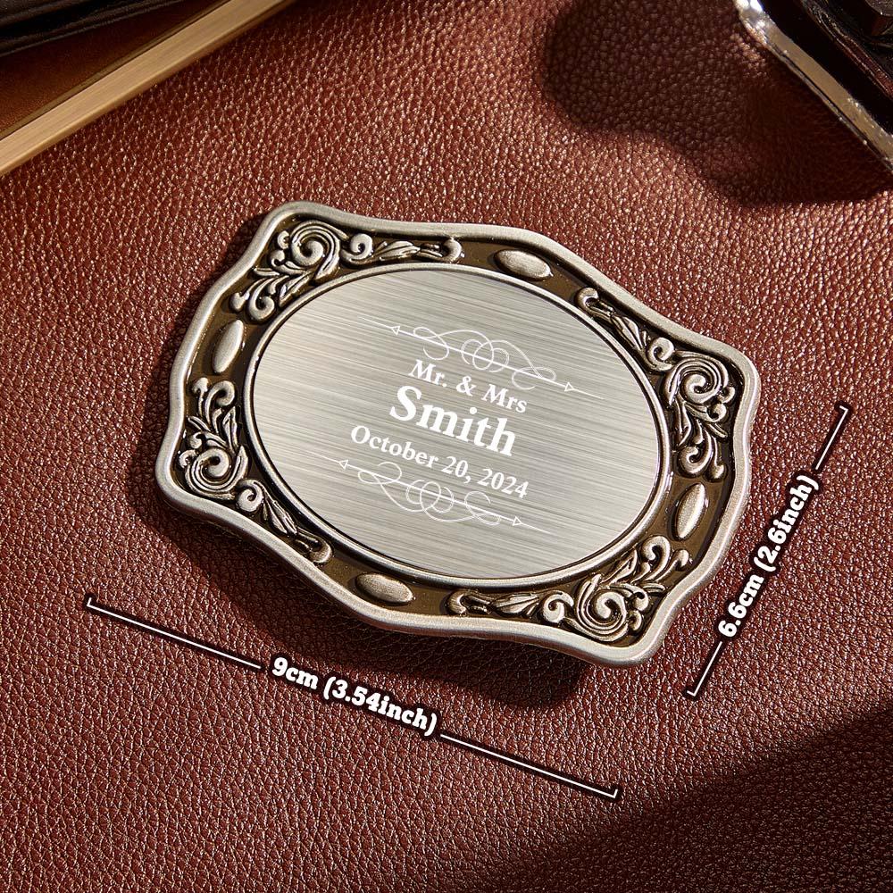 Detail shot of engraved script on personalised cowboy belt buckle — handcrafted engraved keepsake, wedding groom gift