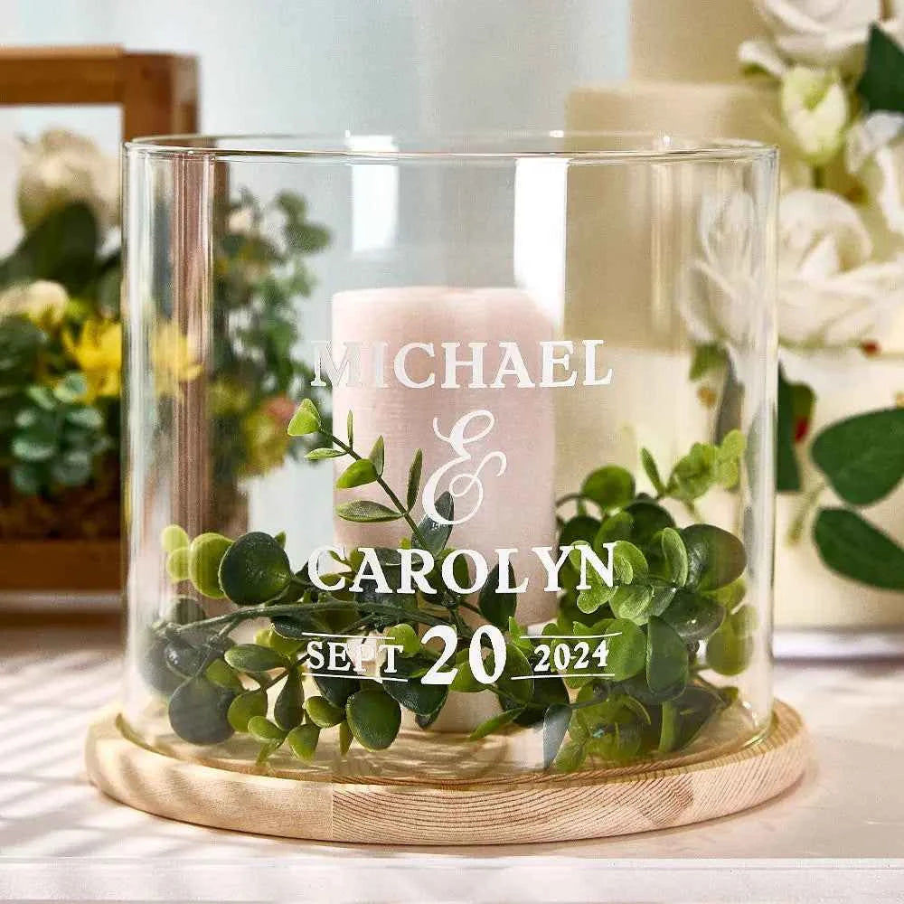 Personalized Wedding Hurricane with Wood Base Candle Holder Wedding Decor Gifts