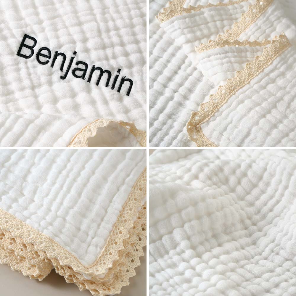 Blanket laid flat to reveal its square shape and generous 105cm size, featuring delicate lace trim.