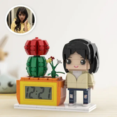 Personalised Brick Figures Clock & Potted Plant Set - Unique Custom Gift for Her