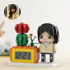 Personalised Brick Figures Clock & Potted Plant Set - Unique Custom Gift for Her