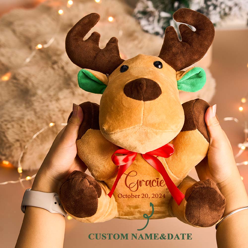 Three-quarter view of personalised moose soft toy showing antlers and cuddly plush texture — ideal custom-name newborn keepsake and photo prop