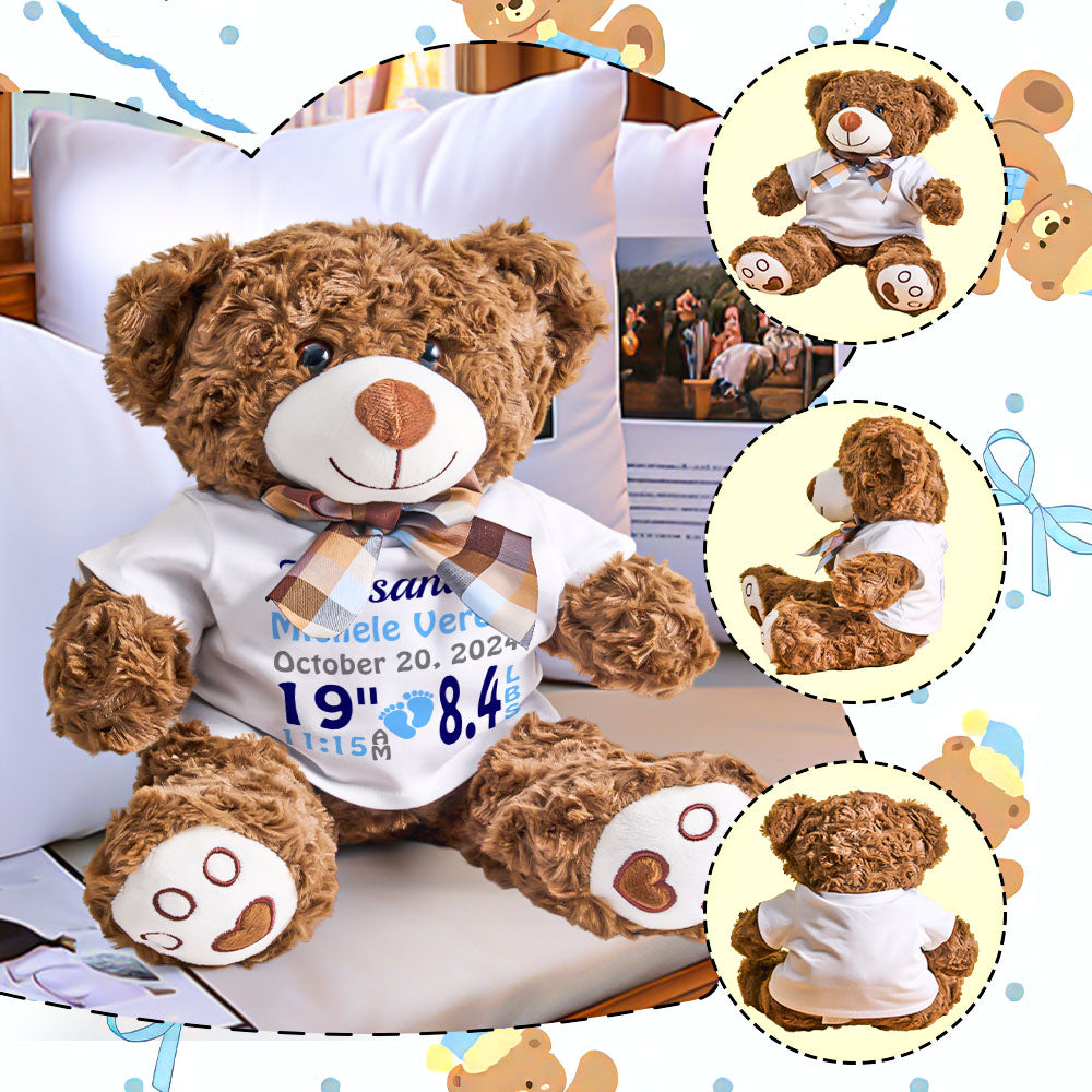 Seated personalised bear plush in nursery setting — ideal personalised name teddy and keepsake for newborns