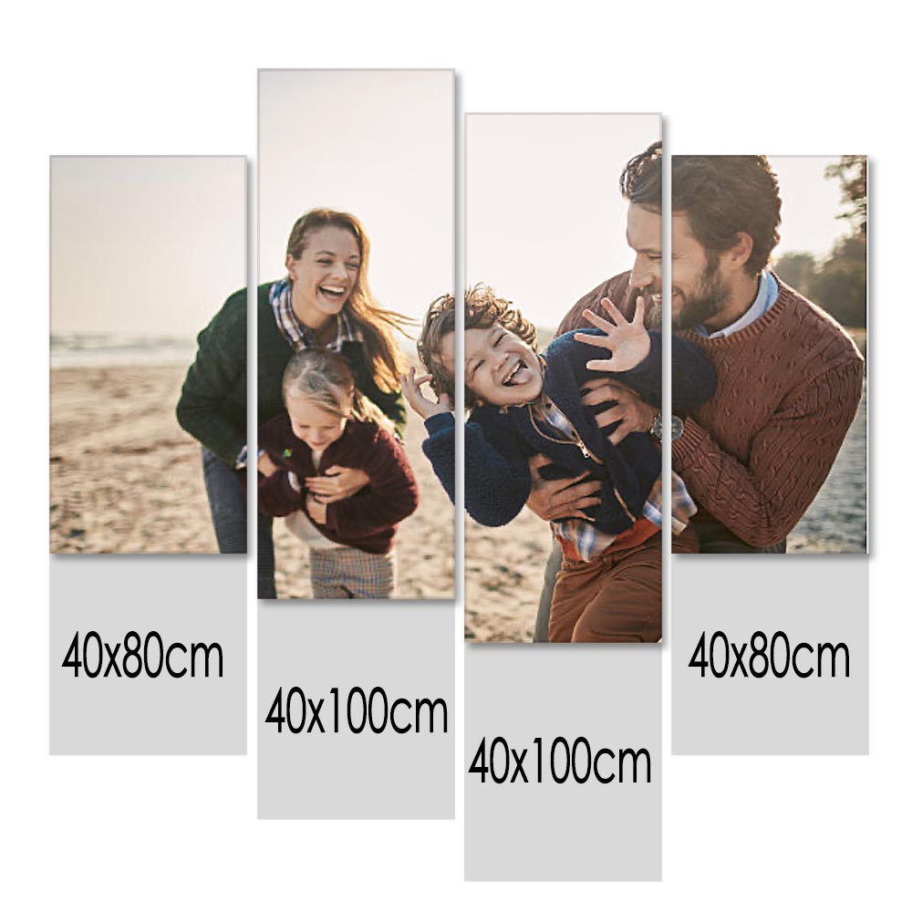 Size guide for personalised 4-piece canvas: 160×80cm (40×80cm x2, 40×100cm x2), 120×80cm and 80×60cm multi-panel layout options