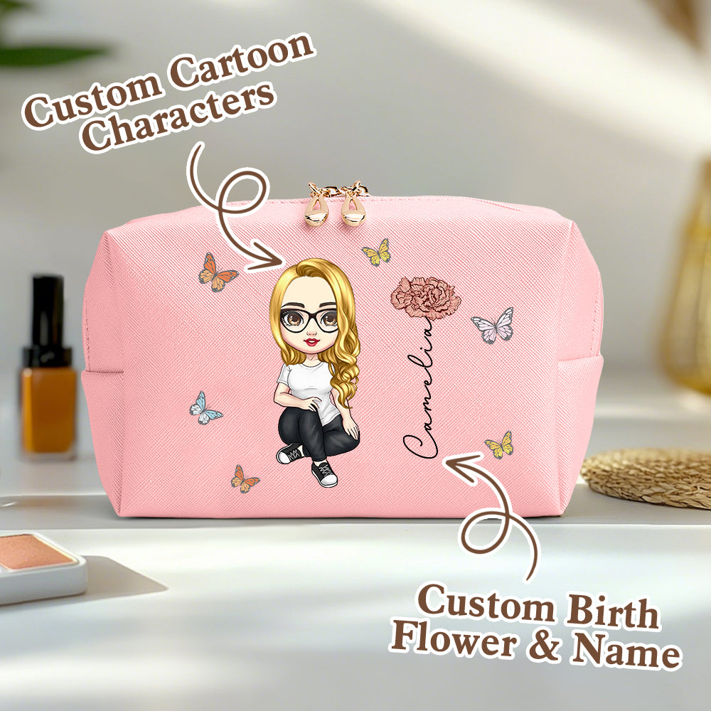 Personalised birth flower make-up bag in pink PU leather with custom name — personalised cosmetic bag gift for her