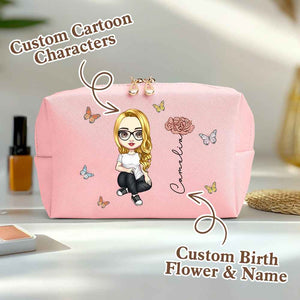Personalized Cartoon Character Makeup Bag with Birth Flower PU Leather Cosmetic Bag Gift for Her