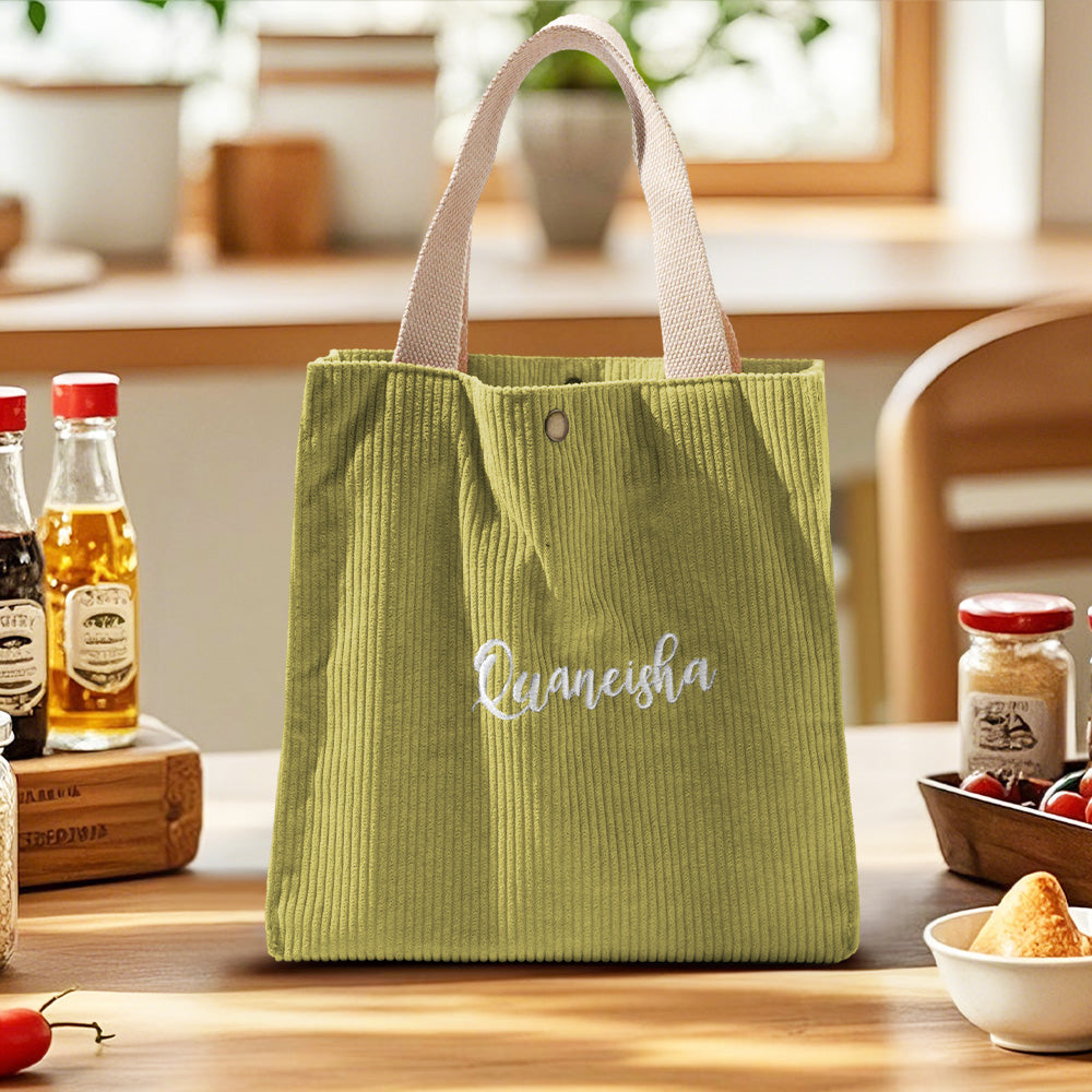 Close-up of embroidered name on personalised kids' lunch bag showing neat, long-lasting stitching
