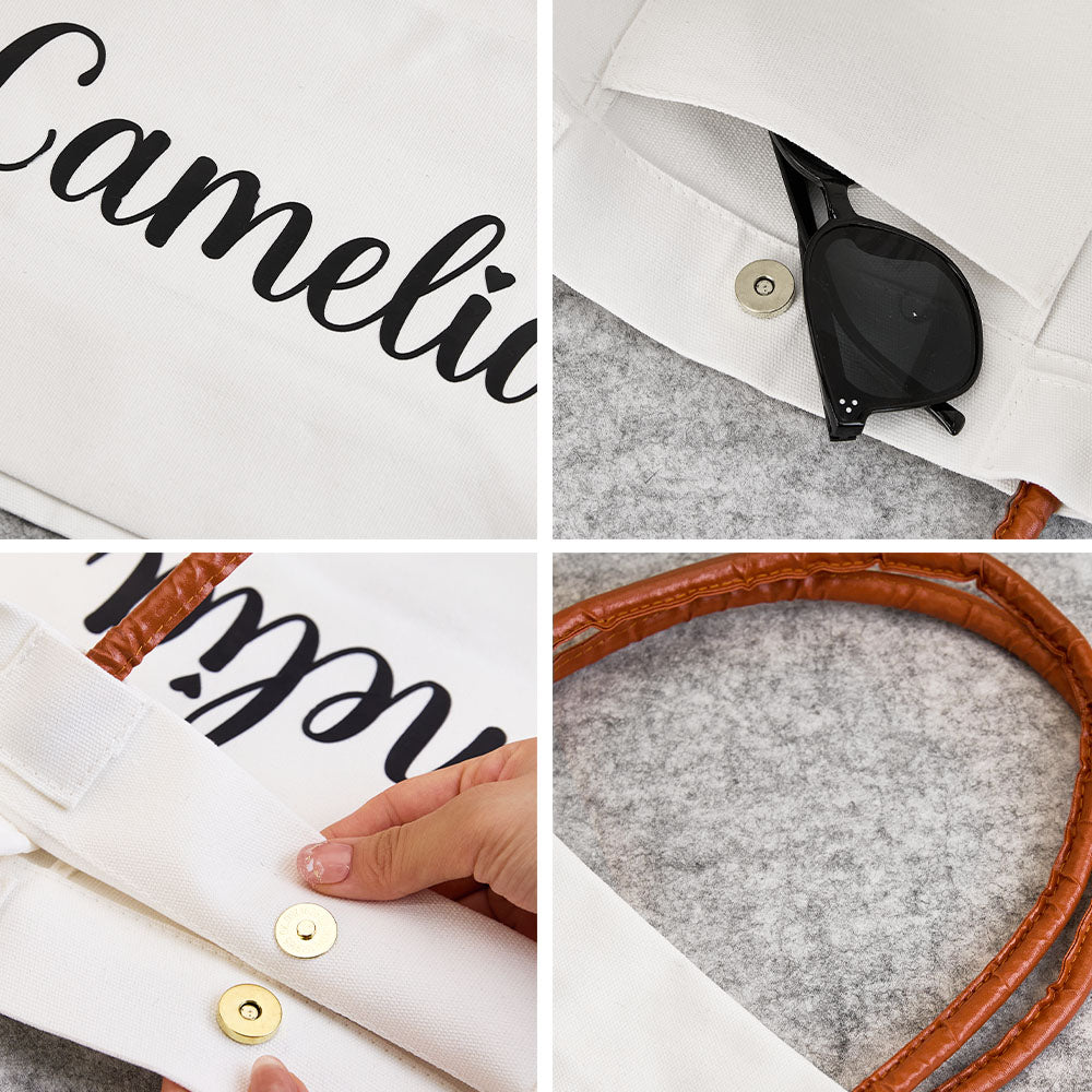 Interior view of lined personalised tote showing small inner pocket for cards and keys and roomy canvas compartment