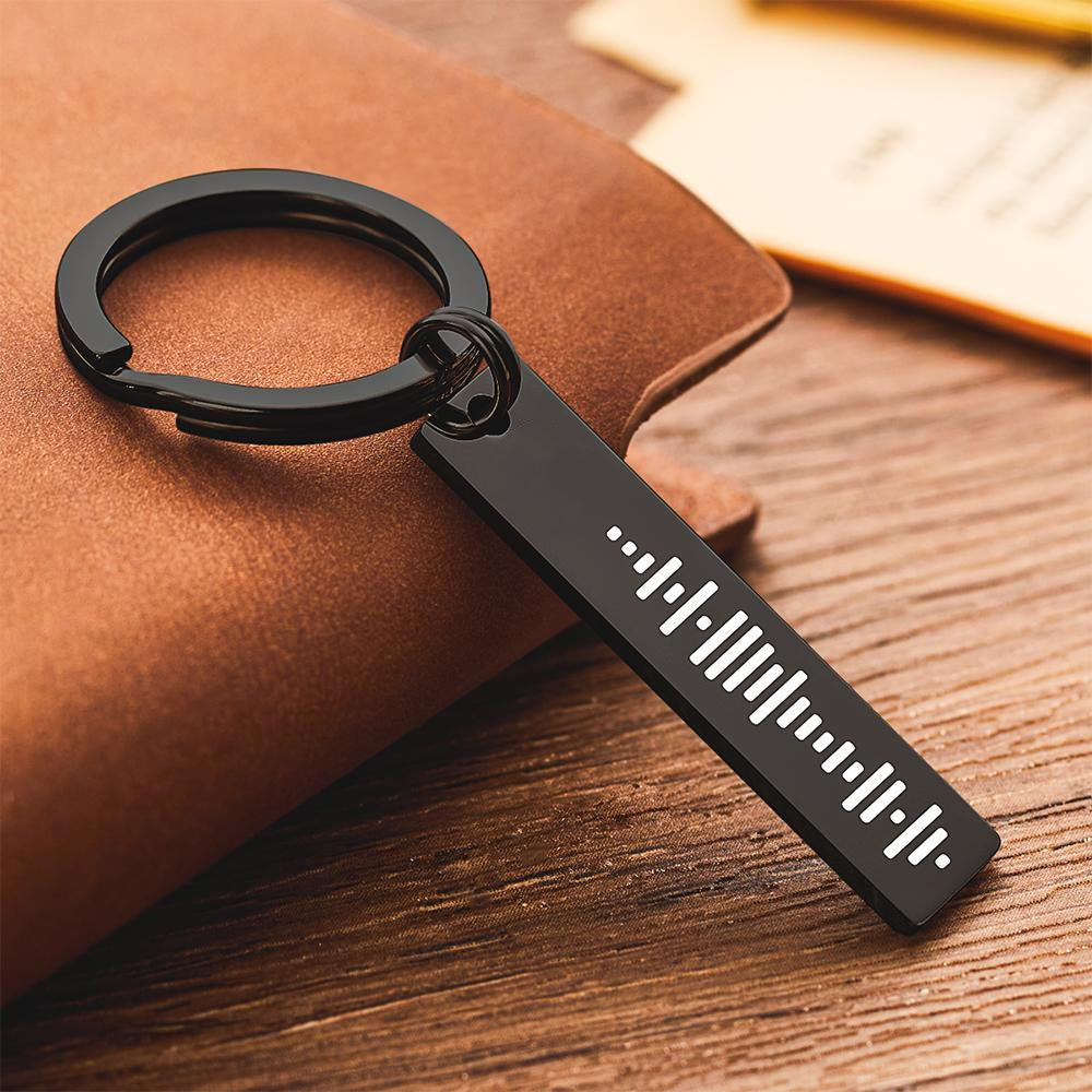 Personalised stainless steel 3D vertical bar keychain with laser-engraved music code and custom text – scannable Spotify song keyring, silver finish