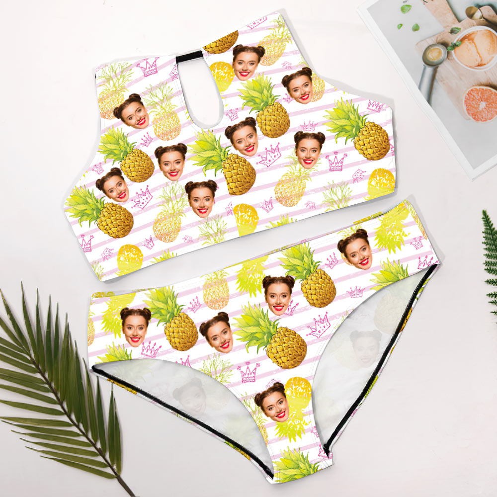 Back view of personalised plus-size pineapple bikini — adjustable halter straps and backless triangle top on custom photo swimsuit