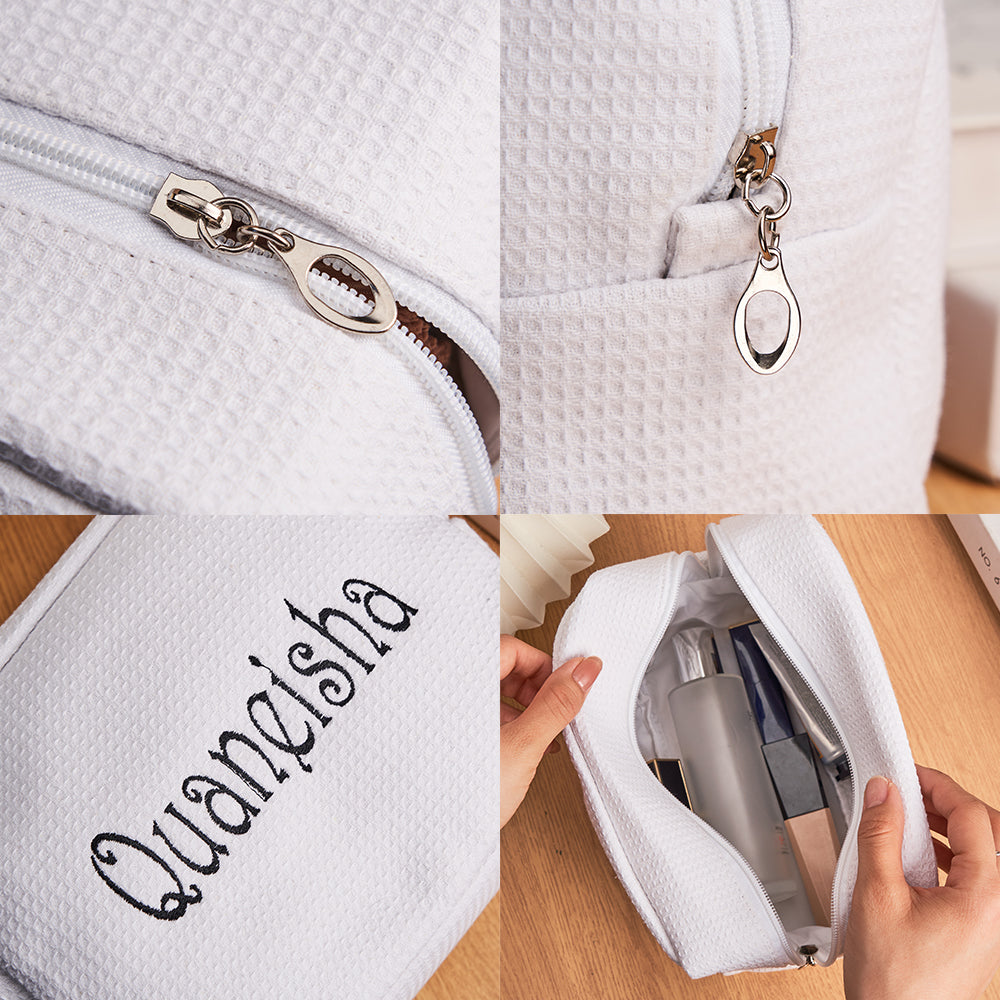 Hand-held scale view of personalised waffle make-up bag, 21 x 15 x 9 cm organiser for everyday use