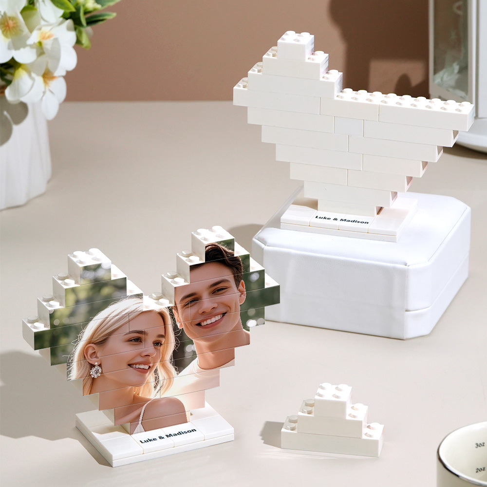 Rear and stand view of the personalised heart photo building block highlighting the neat display stand and sturdy construction for a lasting keepsake