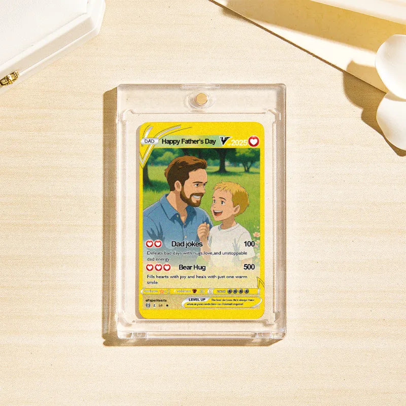 Close-up of anime-inspired illustration on stainless steel Poke Card highlighting long-lasting colours and fine print detail — personalised gift for Dad