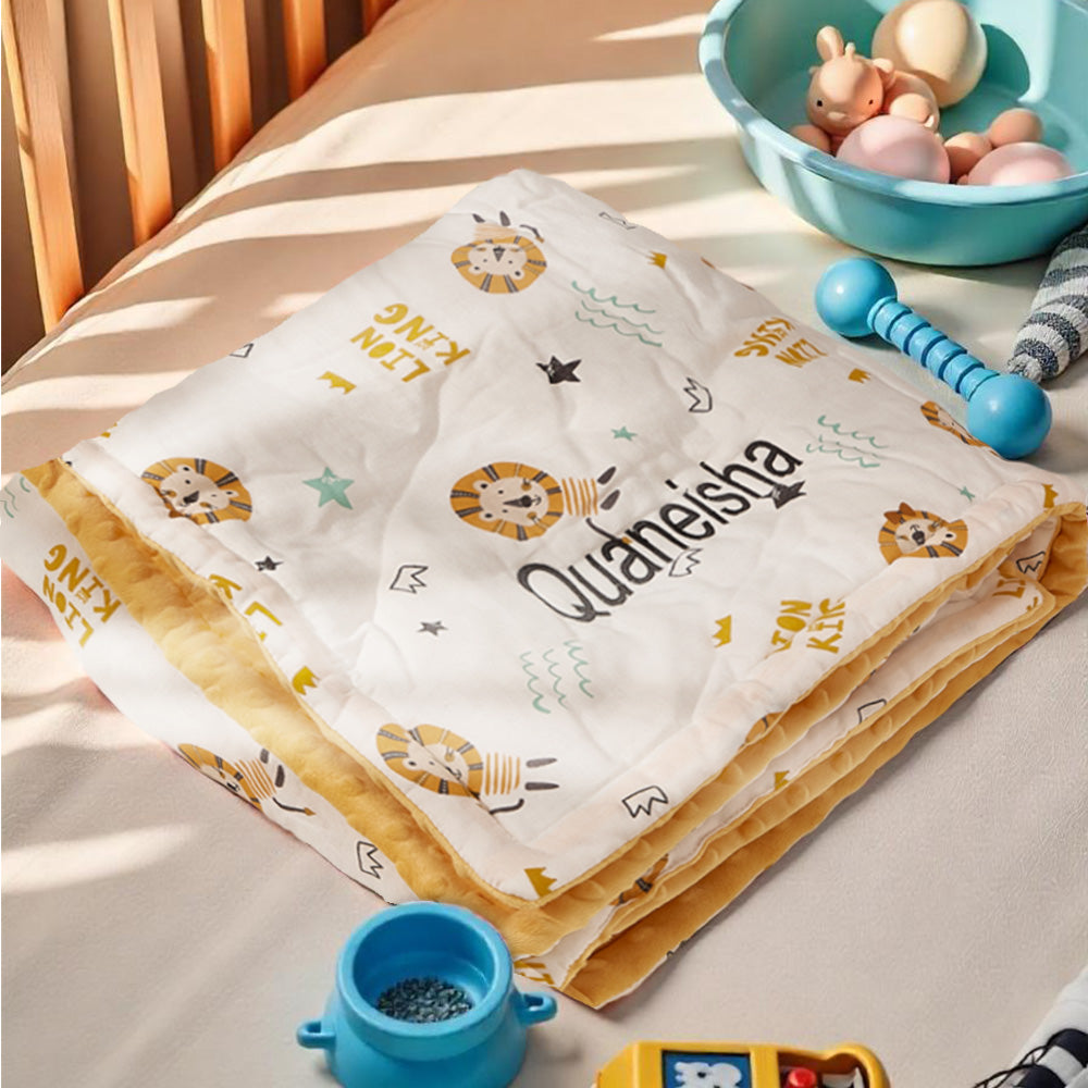 Edge hem and neat stitching on the personalised cotton baby blanket.