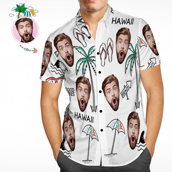 Front view of personalised face Hawaiian shirt featuring a high-resolution custom photo print on lightweight breathable fabric — perfect custom photo beach shirt for summer holidays