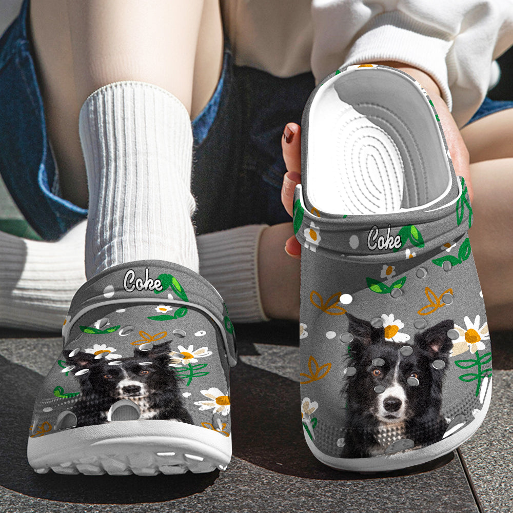Pair of personalised slip-on rubber clogs with printed pet portrait and custom name, comfortable personalised slippers for home and garden
