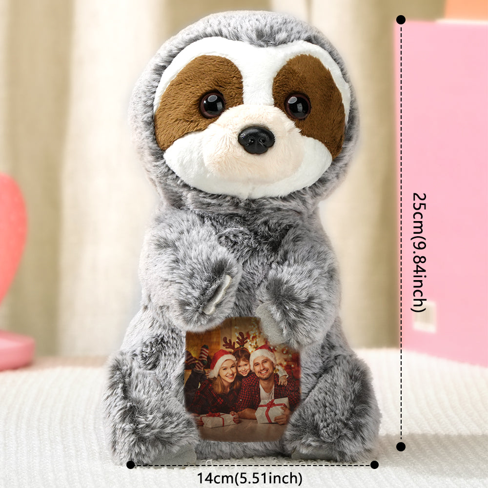 Lifestyle image of personalised sloth plush as a bedside companion — compact personalised photo gift for kids and teens
