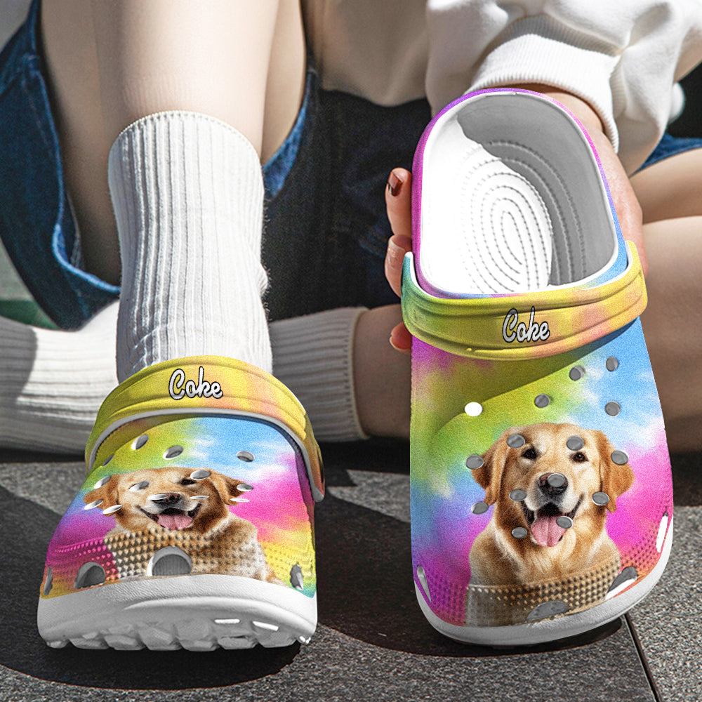 Side view of personalised rubber clog showing vibrant pet face print and heel strap — perfect gift for pet lovers