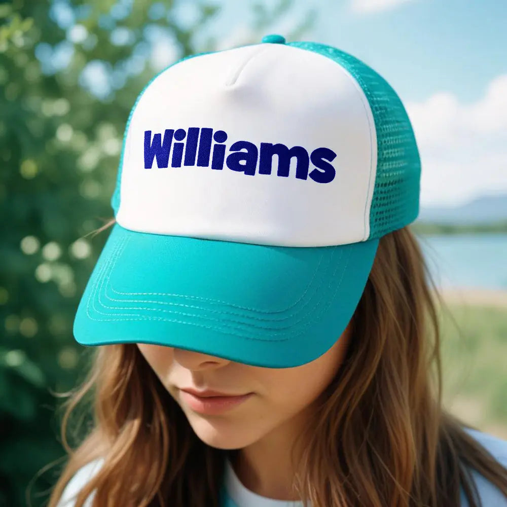Side profile of Custom Name Foam Trucker Cap highlighting breathable mesh back and plastic snapback — ideal personalised name gift
