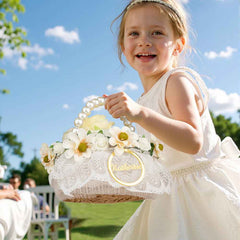 Personalized Handmade Flowers Wreath Rattan Flower Girl Basket with Name and Pearl Handle Wedding Ceremony Gift