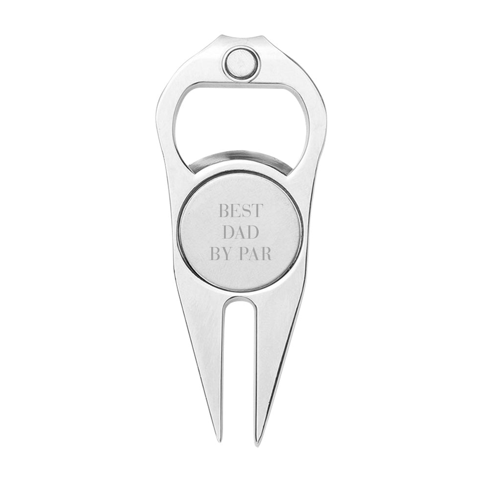 Multipurpose golf accessory opening a bottle — personalised magnetic golf ball marker and bottle/can opener in durable zinc alloy, handy on and off course