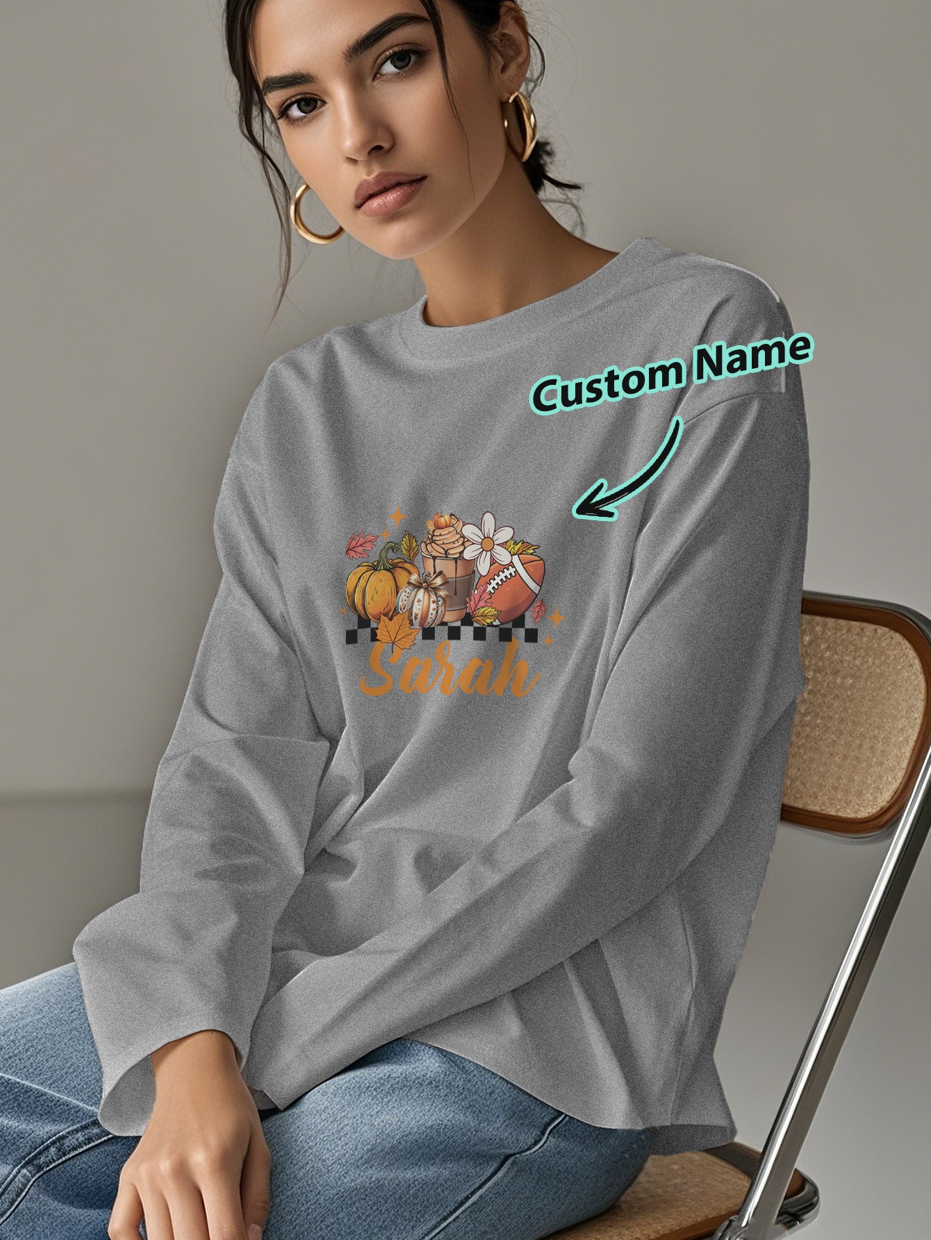 Styled autumn outfit featuring personalised Halloween long-sleeve T-shirt – casual seasonal look for parties and outings