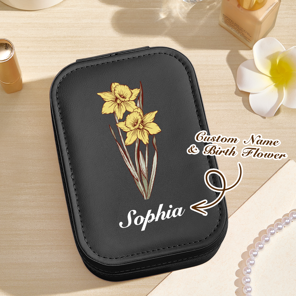 Personalised Birth Flower PU Leather Jewellery Box with LED Mirror | Unique Birthday Gift for Her