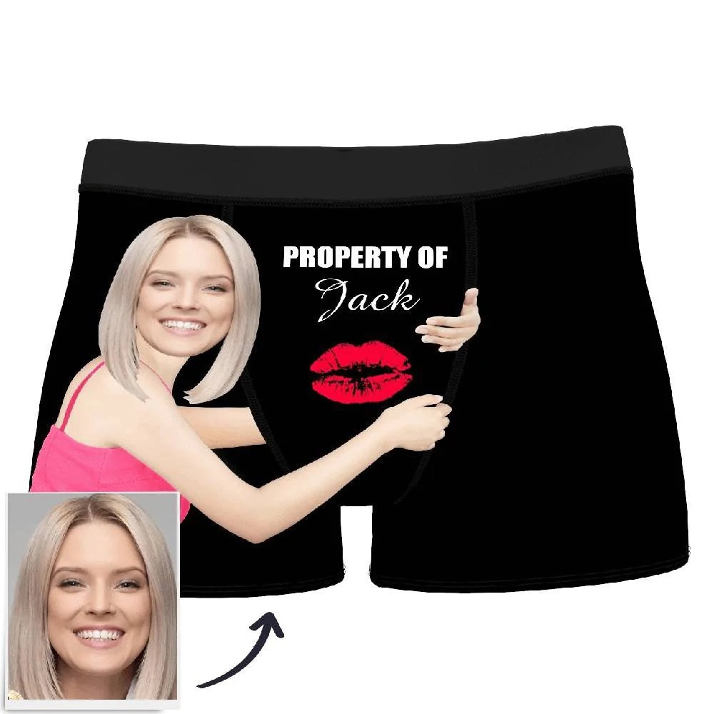 Personalised men's 'Property of' boxer shorts with a custom face and name — personalised men's boxer shorts, novelty gift for him