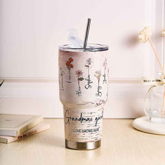 Custom 30oz Insulated Tumbler with Watercolor Birth Flower Name Text – Perfect Birthday Gift for Mom or Grandma