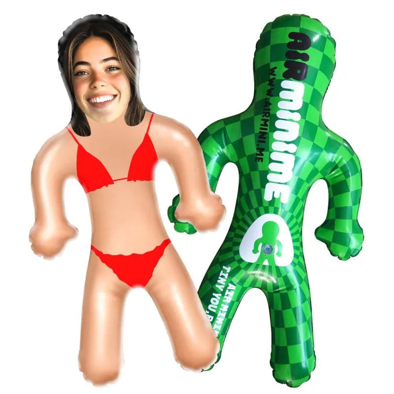 Lifestyle image showing a personalised inflatable doll as a humorous party favour with a custom photo design.