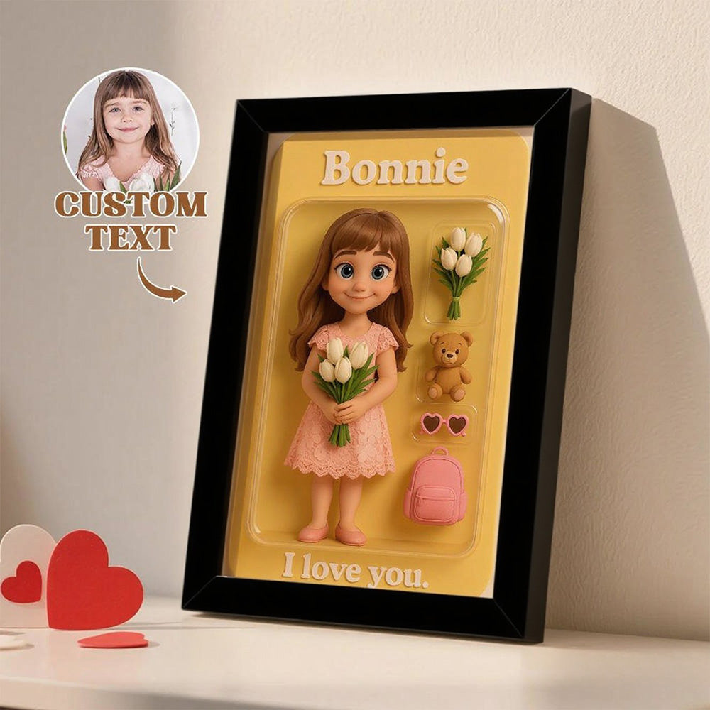 Gallery-style display of toy-style cartoon portraits in wooden frames with a 3D visual effect - head personalised from a front-facing photo, great keepsake