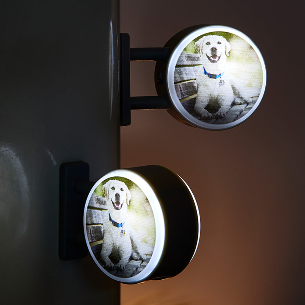Personalised photo fridge magnet with light showing a glowing family photo on a stainless-steel fridge — custom LED photo magnet