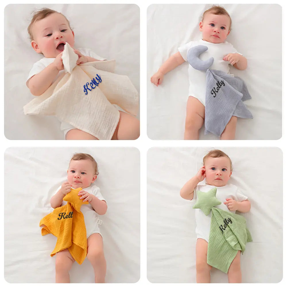 Folded personalised baby towel displaying star design and embroidered name, soft cotton security blanket for naps and cuddles