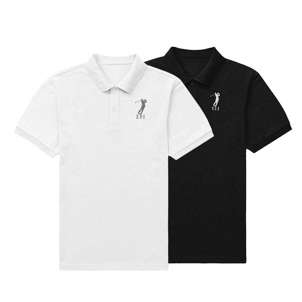 Close-up of embroidered custom logo on men's golf polo showing clear, bright stitching and premium detail