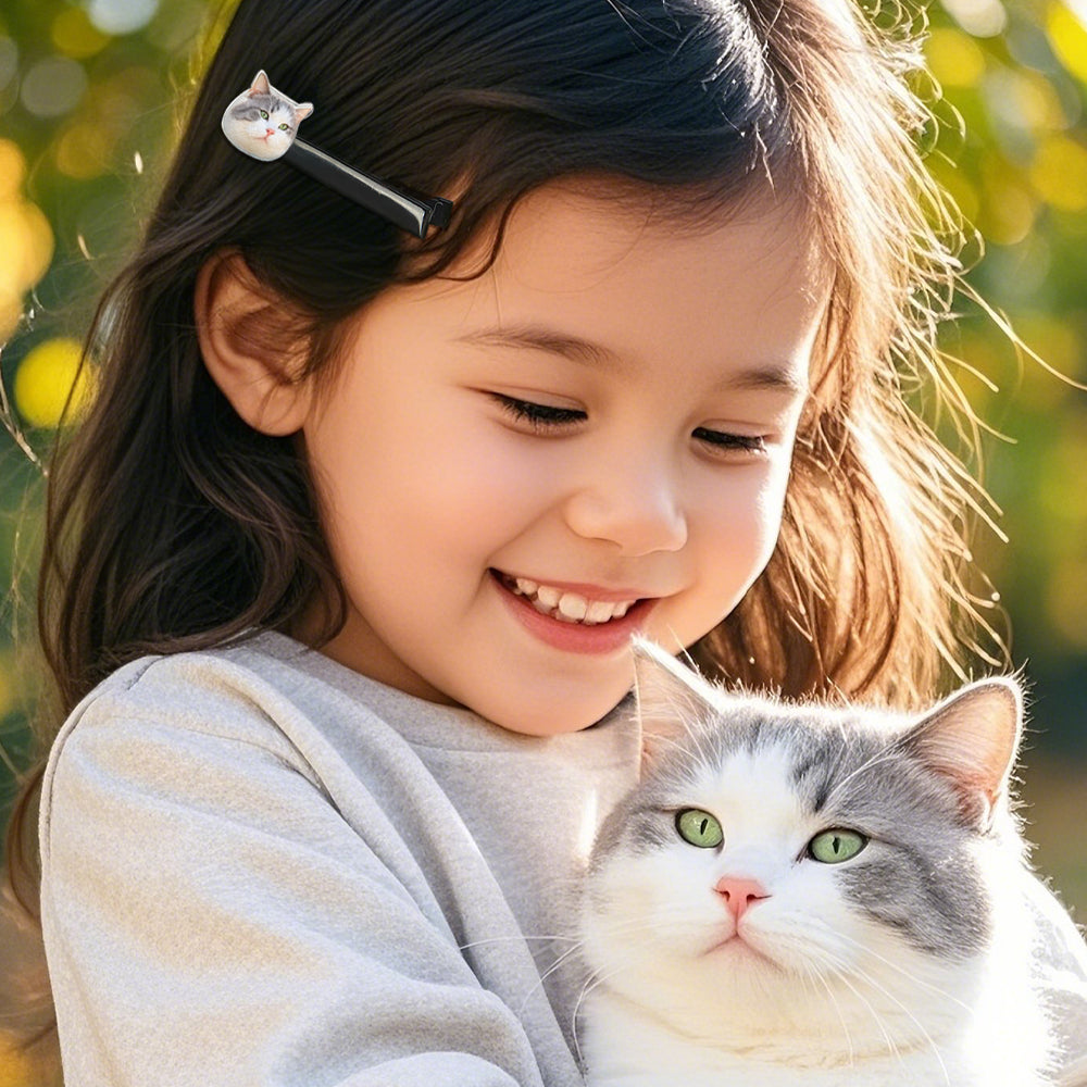 Child wearing a personalised pet portrait hair clip — fun custom pet accessory and novelty gift for kids and girls