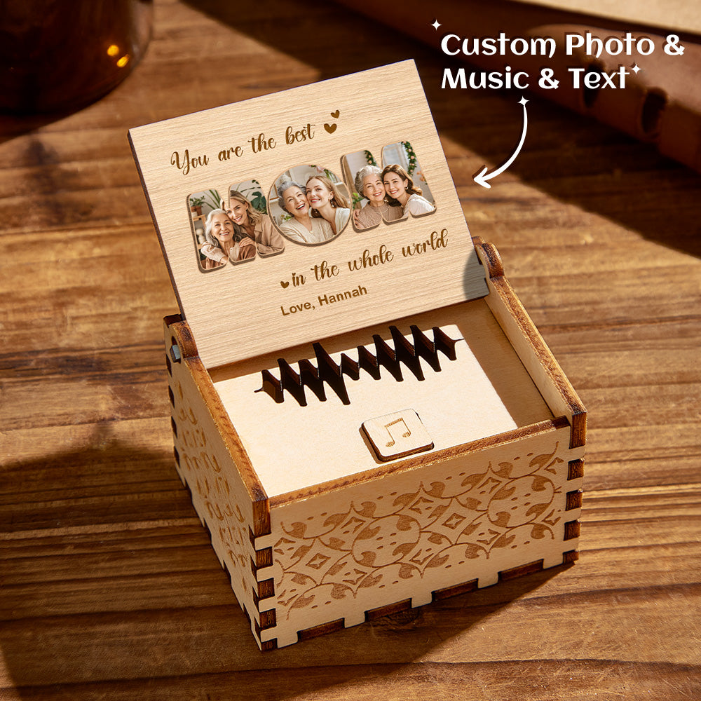 Personalised wooden music box with custom photo on the front and optional engraved text — voice recording MP3 keepsake, ideal Mother's Day or anniversary gift