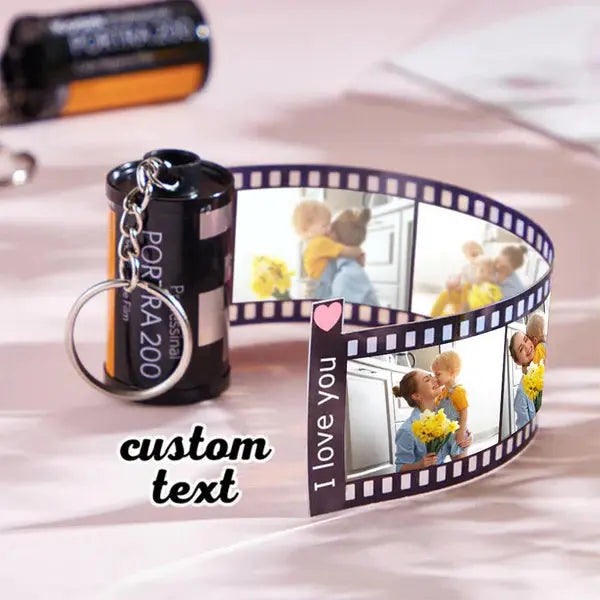 Film roll keychain fanned open to display 20 crystal-clear personalised photos — unique anniversary keepsake